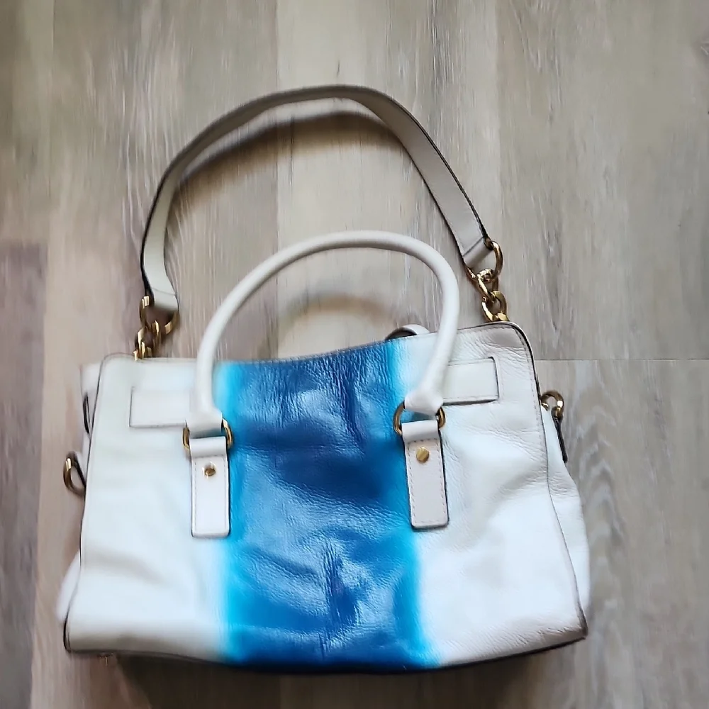 MICHAEL KORS HAMILTON SPRAY WHITE/ SUMMER BLUE EW SATCHEL  LEATHER HANDBAG PURSE